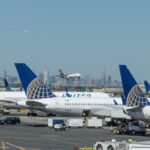 Passenger planes parked at the gates at Newark Liberty International Airport